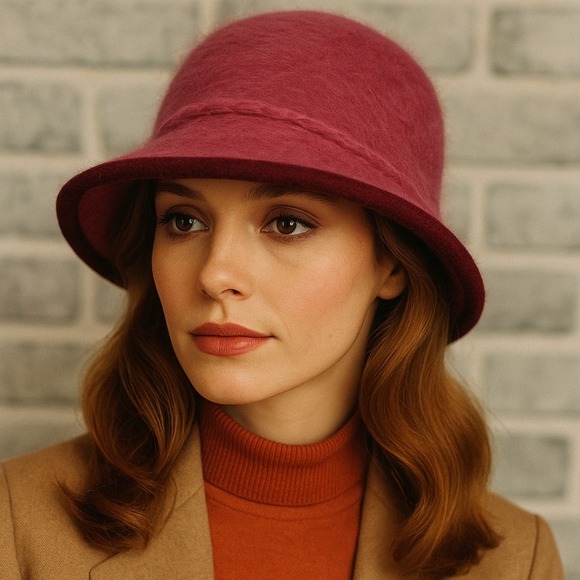 Vintage 70s Kangol Angora Fuzzy Hat Dark Pink w/‎ Burgundy Trim Cloche England